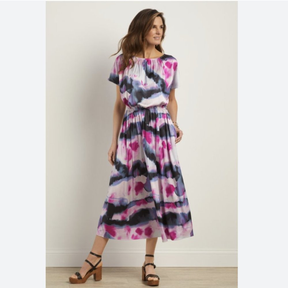 Soft Surroundings Abelia Dress Tie Dye Pink Black Short Sleeve A Line Maxi
